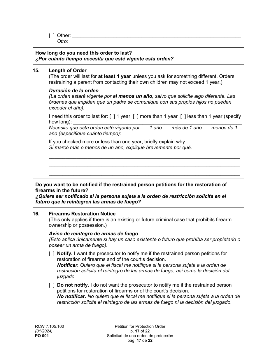 Form PO001 Petition for Protection Order - Washington (English / Spanish), Page 17