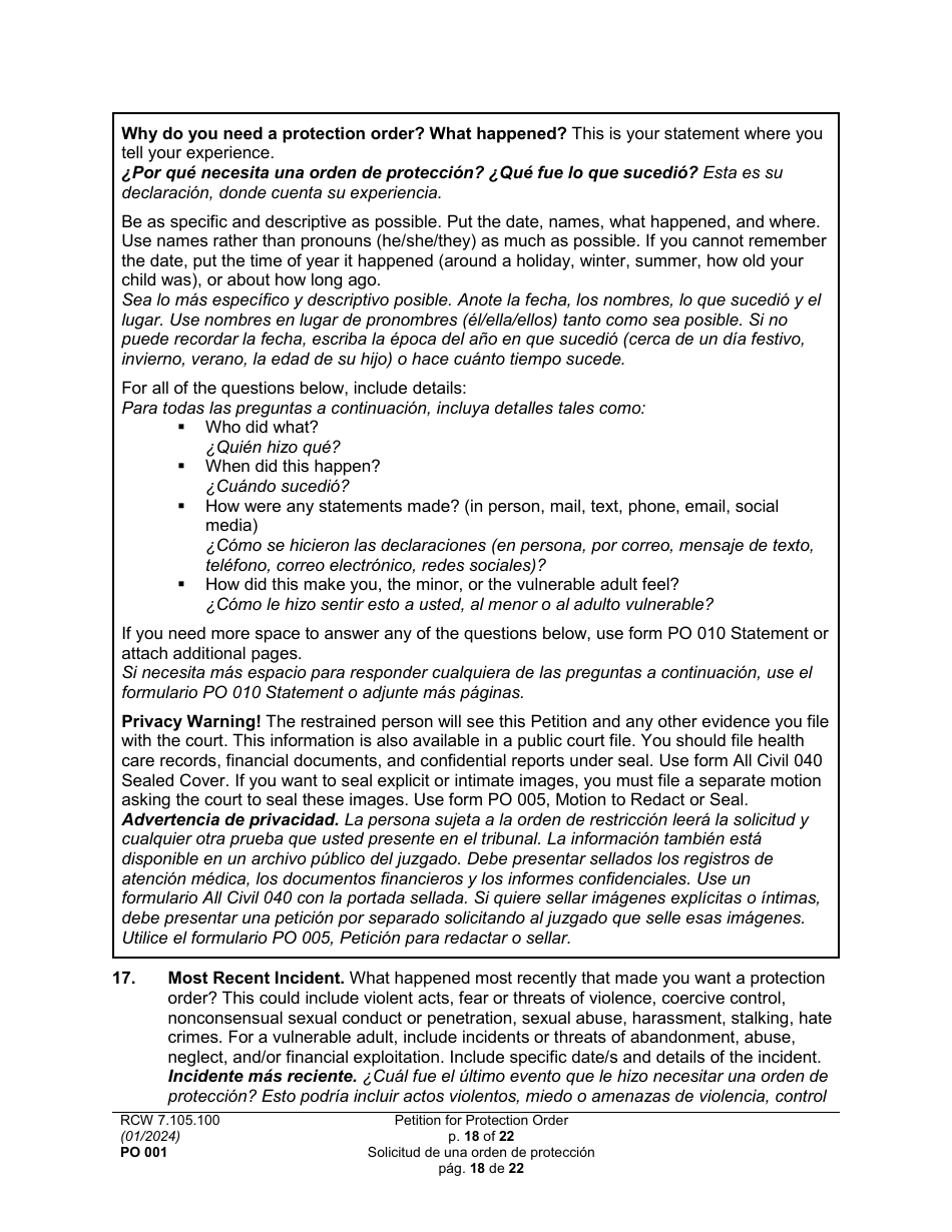 Form PO001 Petition for Protection Order - Washington (English / Spanish), Page 18