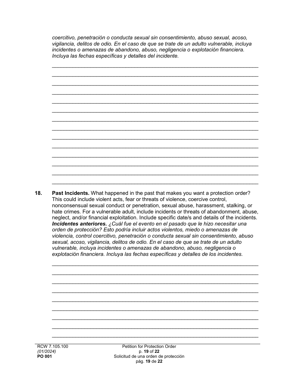 Form PO001 Petition for Protection Order - Washington (English / Spanish), Page 19