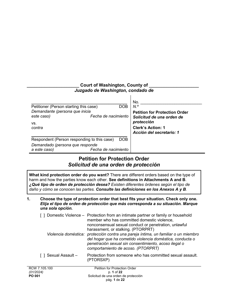 Form PO001 Petition for Protection Order - Washington (English / Spanish), Page 1