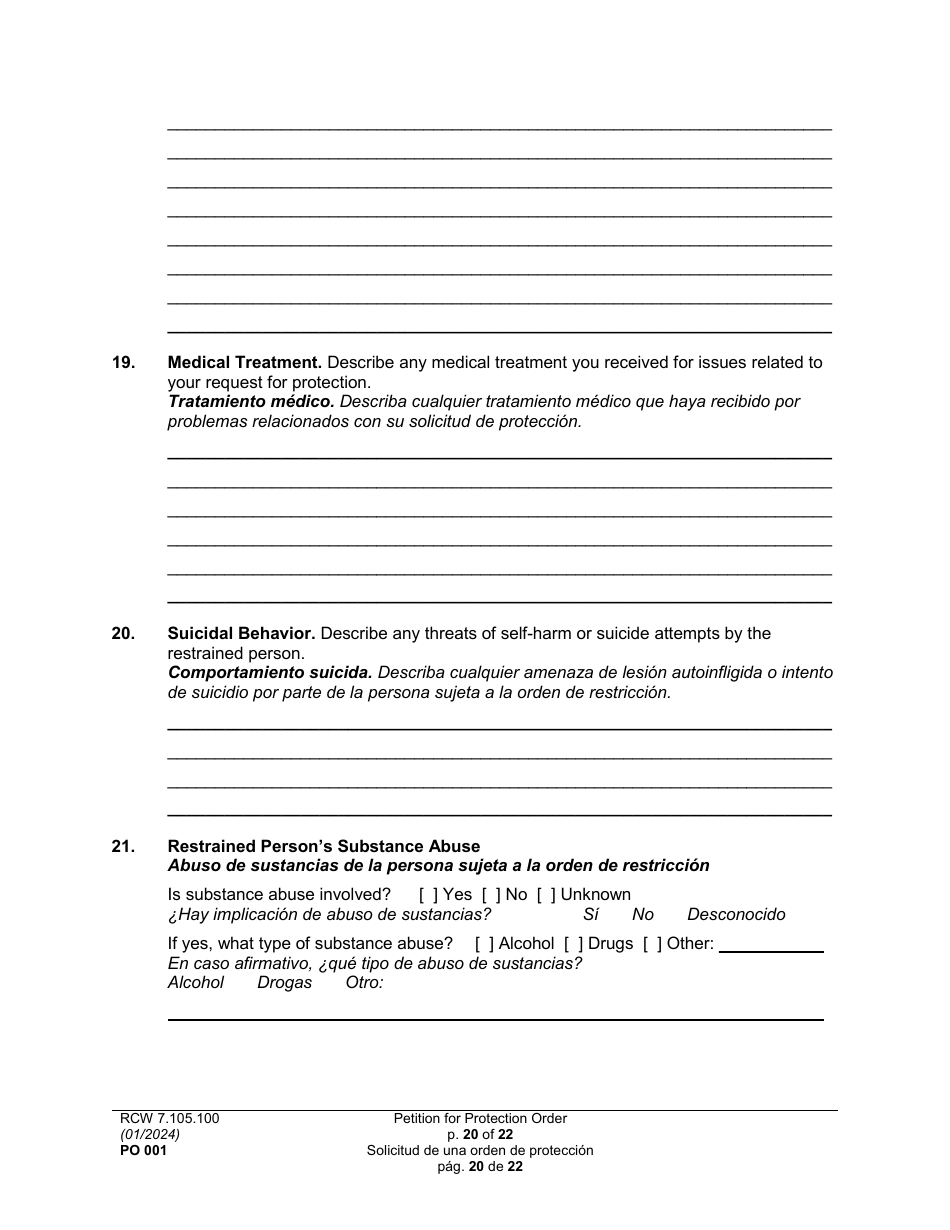 Form PO001 Petition for Protection Order - Washington (English / Spanish), Page 20
