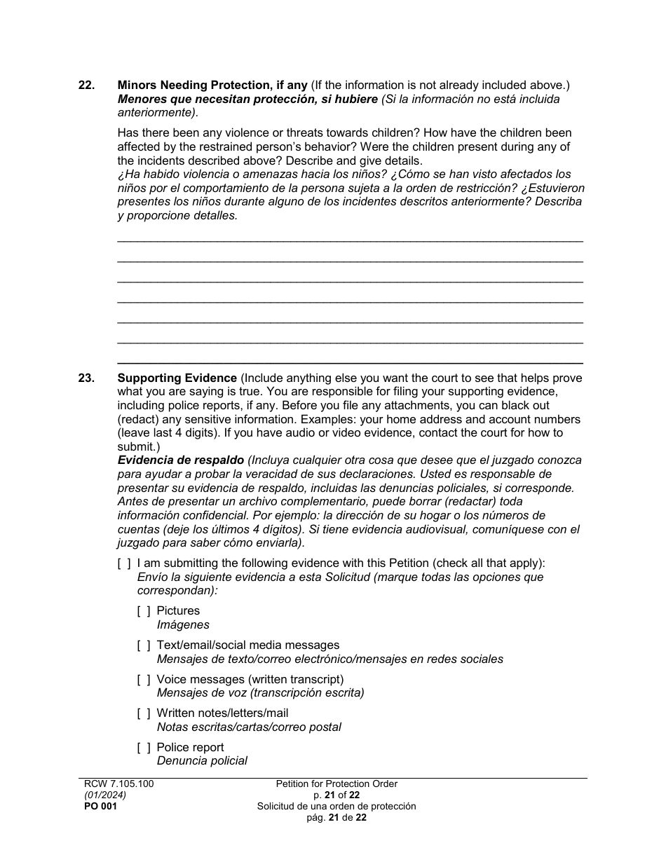 Form PO001 Petition for Protection Order - Washington (English / Spanish), Page 21