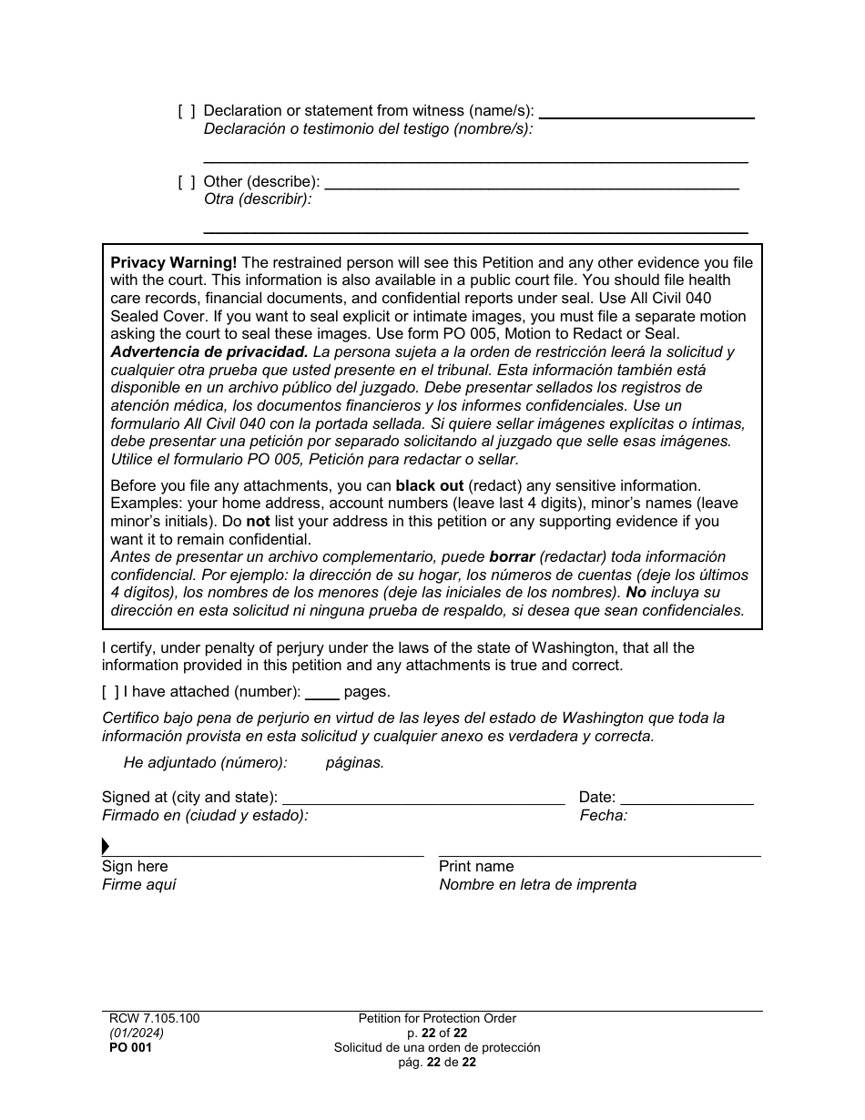 Form PO001 Petition for Protection Order - Washington (English / Spanish), Page 22