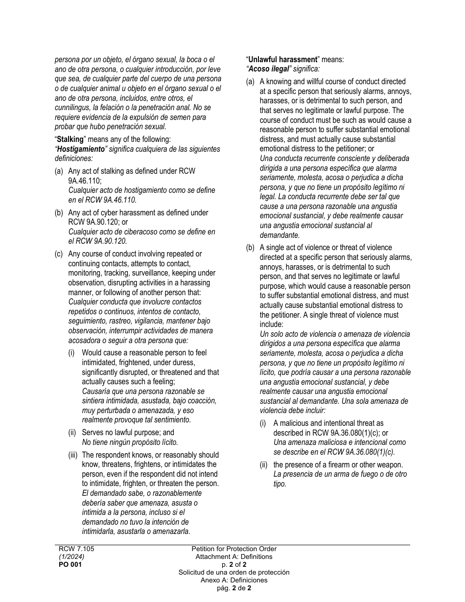 Form PO001 Petition for Protection Order - Washington (English / Spanish), Page 24