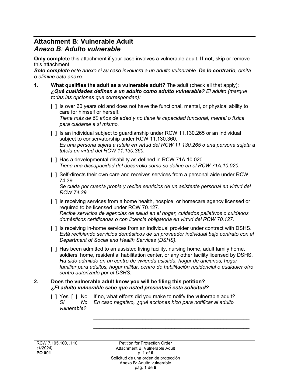 Form PO001 Petition for Protection Order - Washington (English / Spanish), Page 25