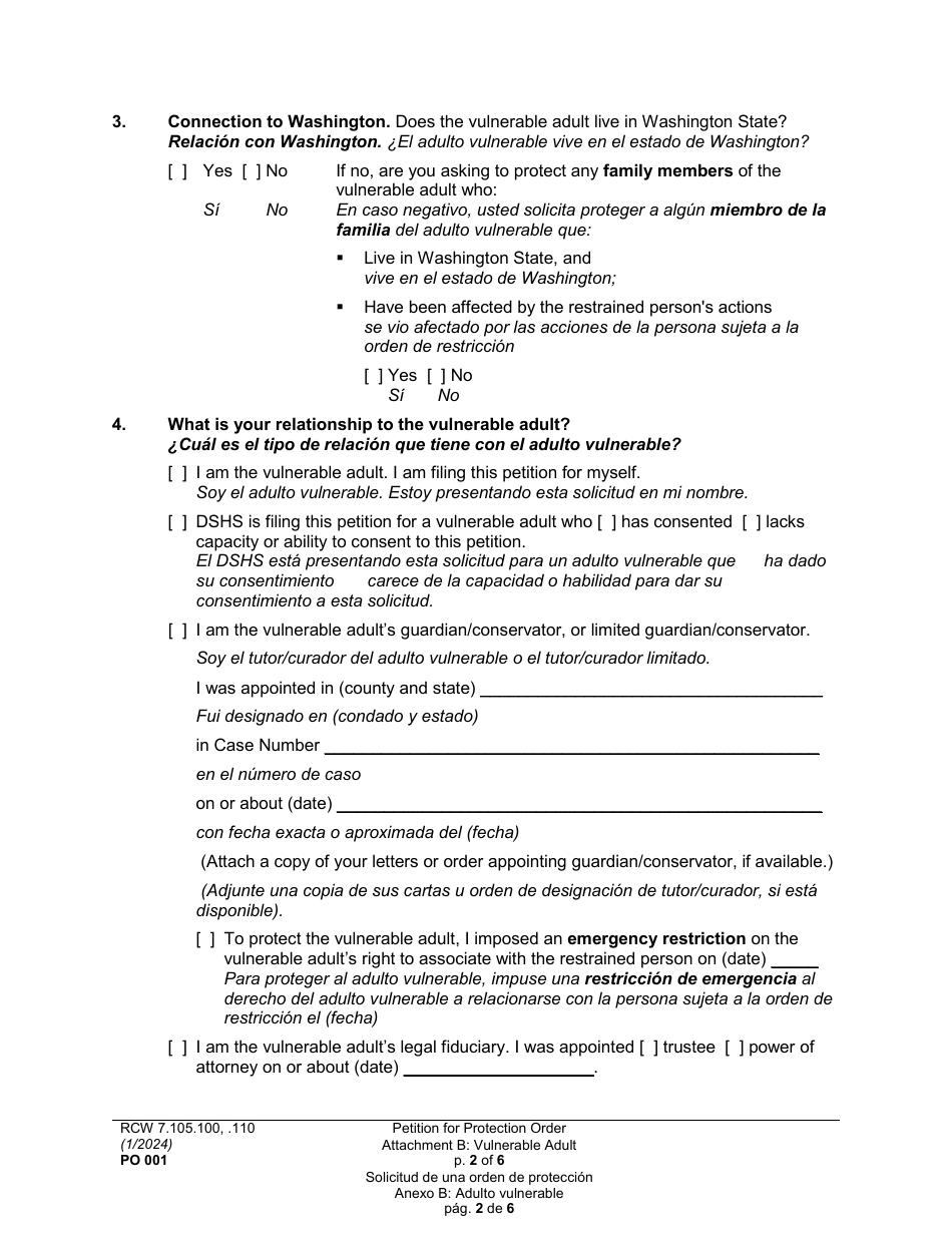 Form PO001 Petition for Protection Order - Washington (English / Spanish), Page 26