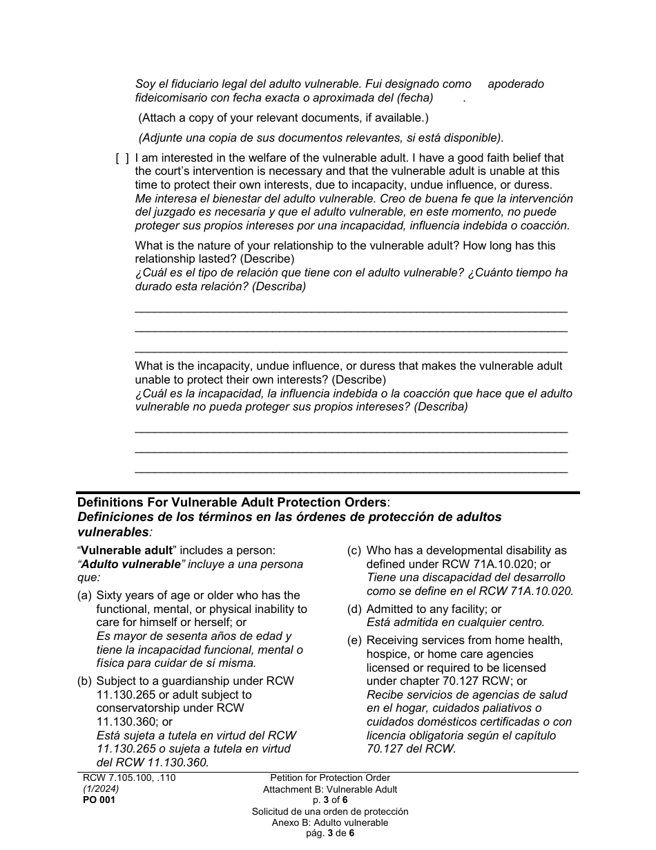 Form PO001 Petition for Protection Order - Washington (English / Spanish), Page 27