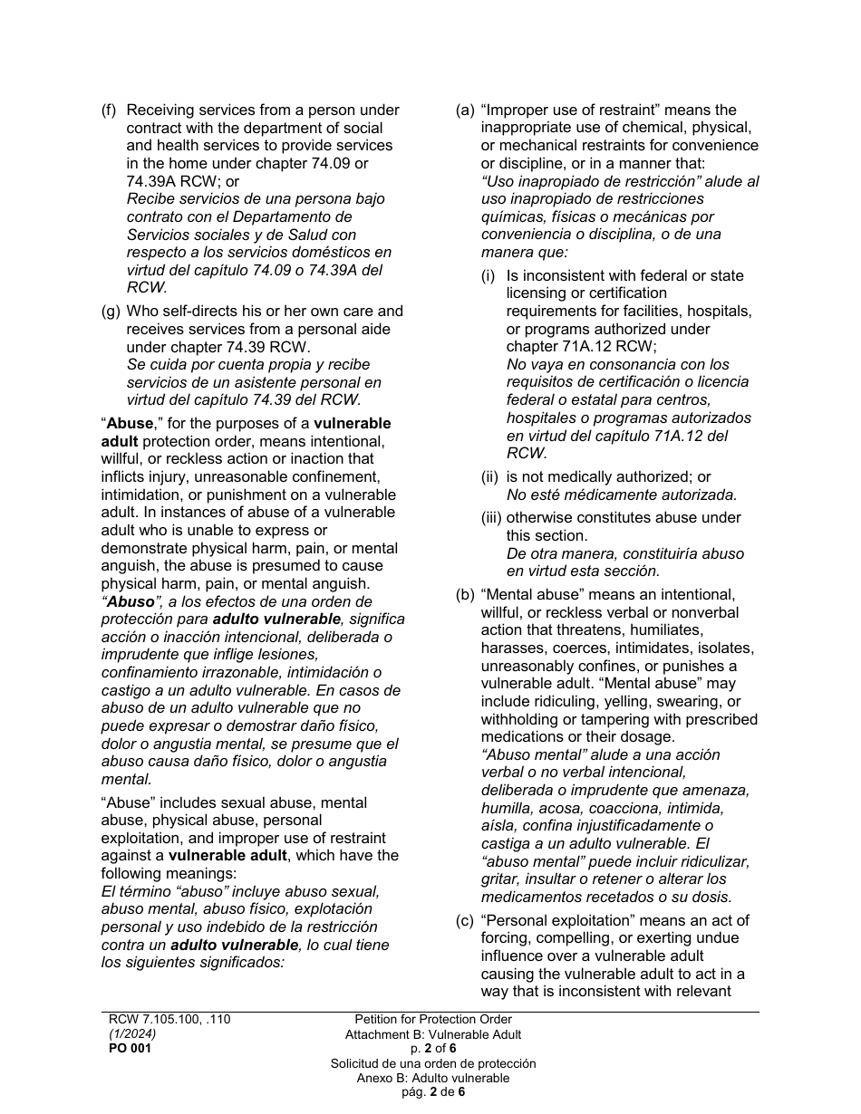 Form PO001 Petition for Protection Order - Washington (English / Spanish), Page 28