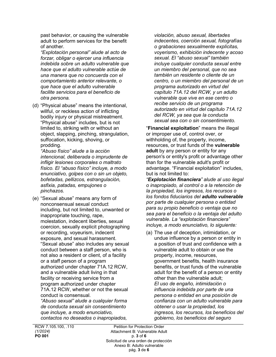 Form PO001 Petition for Protection Order - Washington (English / Spanish), Page 29
