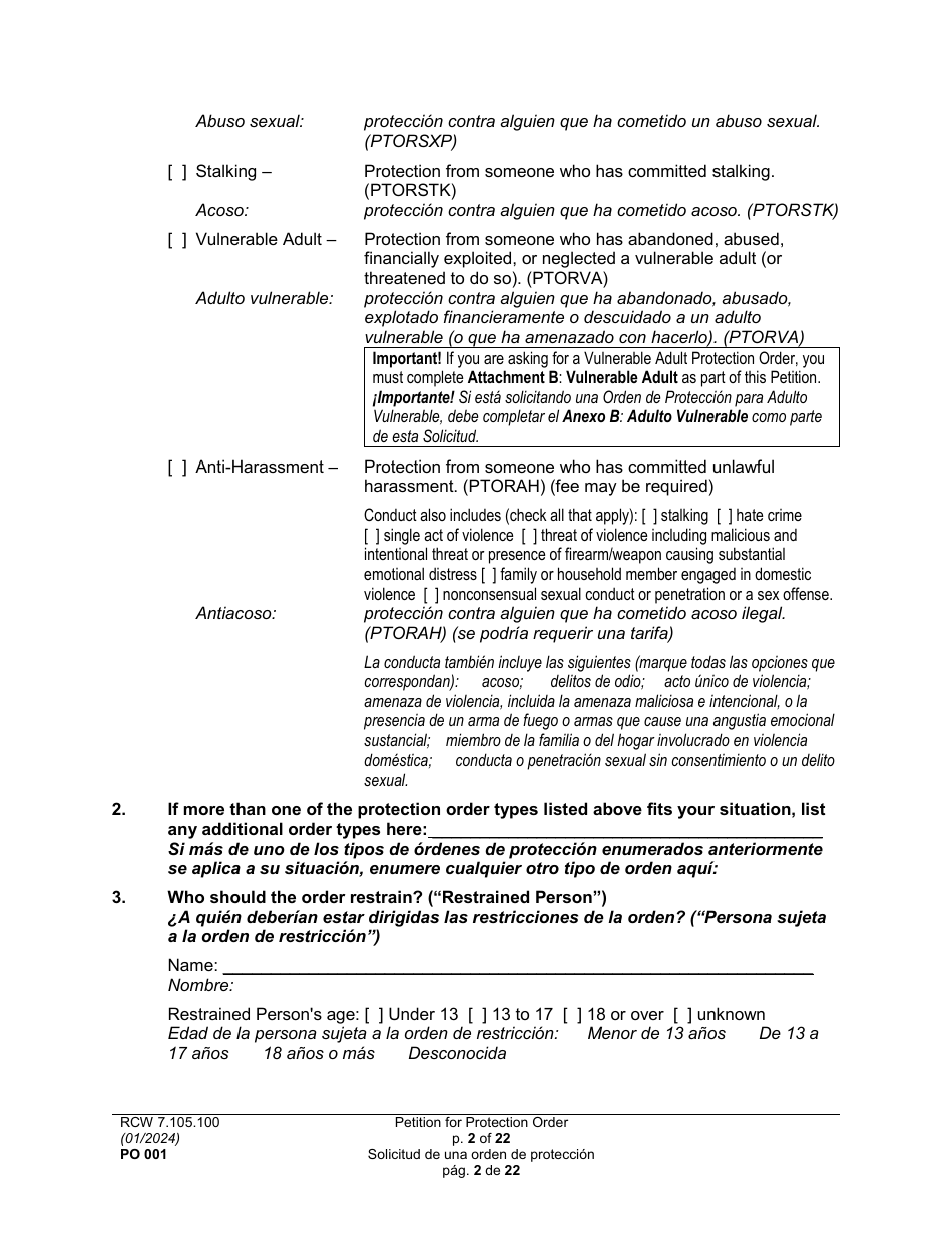 Form PO001 Petition for Protection Order - Washington (English / Spanish), Page 2