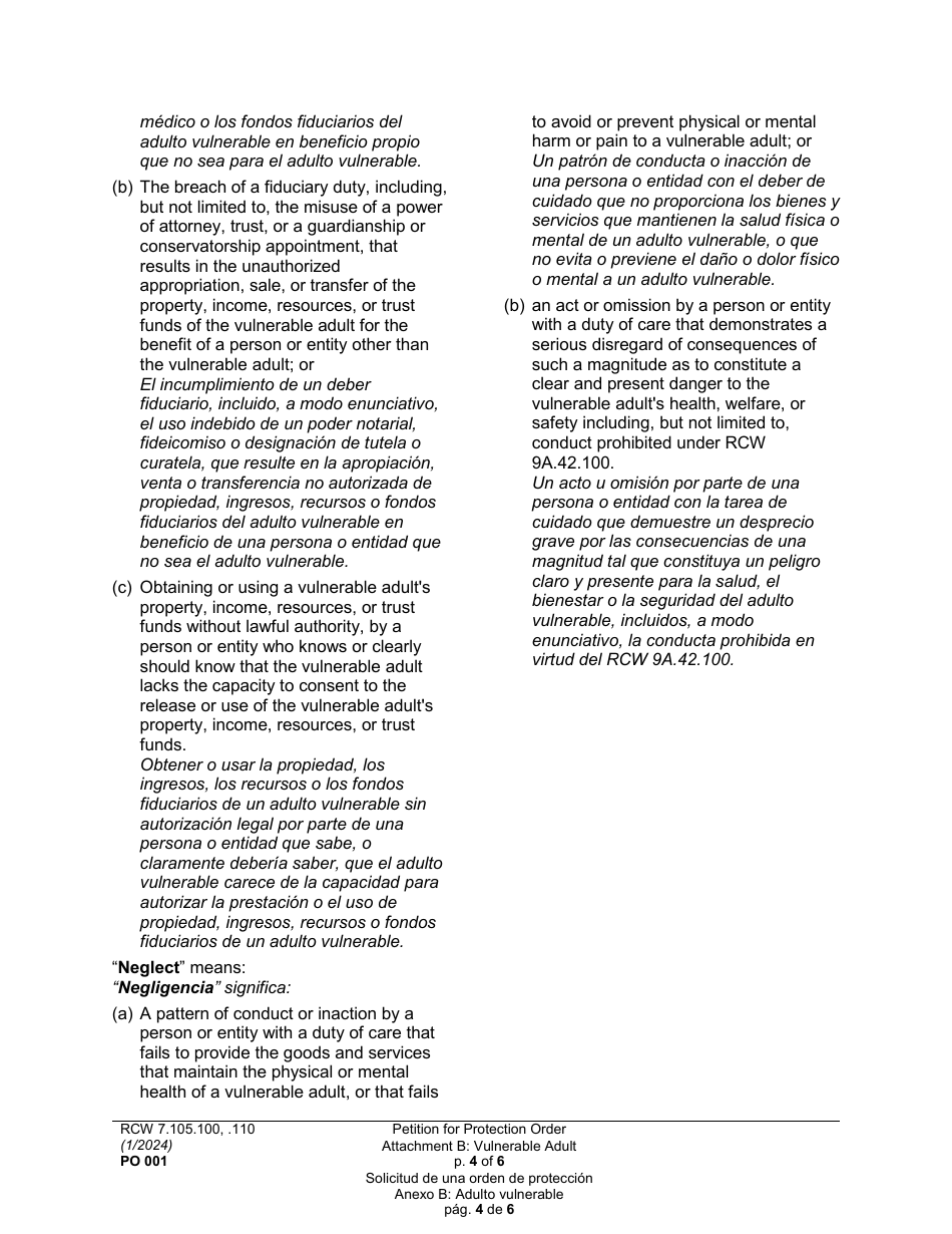 Form PO001 Petition for Protection Order - Washington (English / Spanish), Page 30
