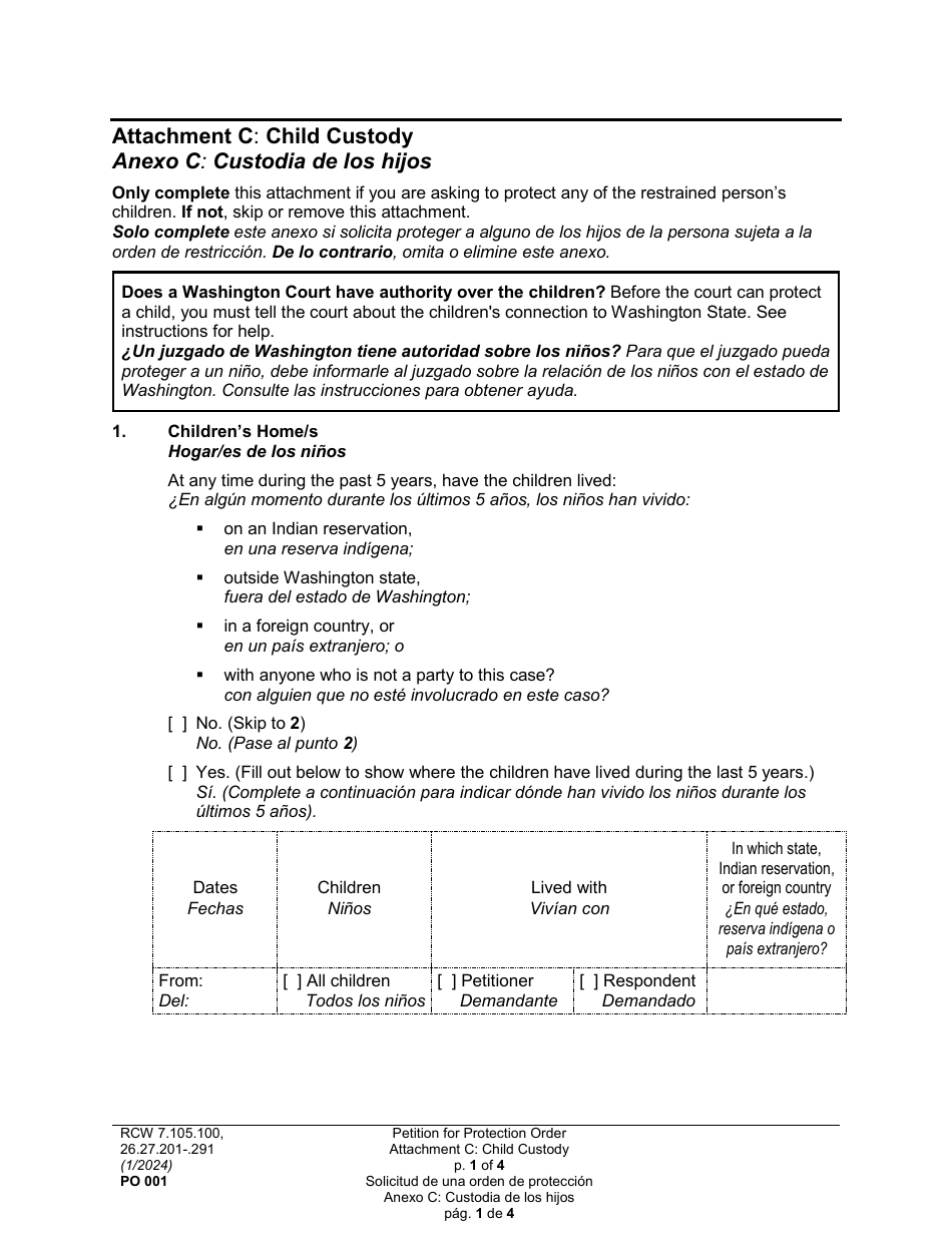 Form PO001 Petition for Protection Order - Washington (English / Spanish), Page 31