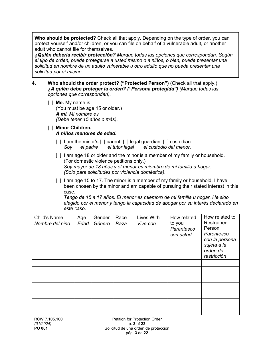 Form PO001 Petition for Protection Order - Washington (English / Spanish), Page 3
