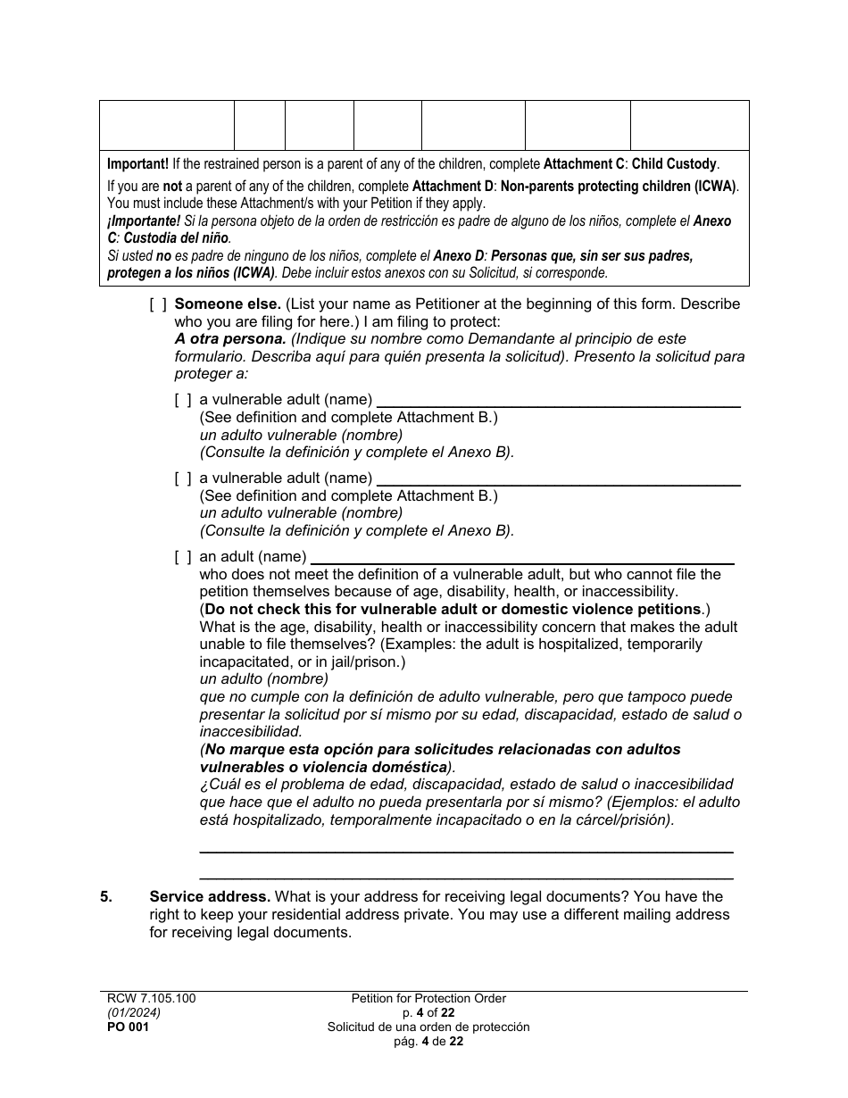Form PO001 Petition for Protection Order - Washington (English / Spanish), Page 4