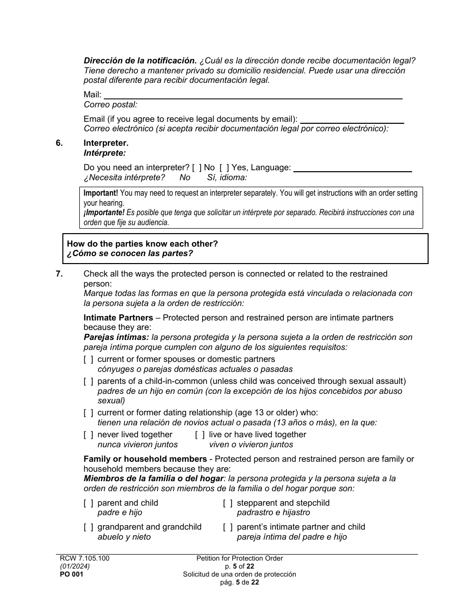 Form PO001 Petition for Protection Order - Washington (English / Spanish), Page 5