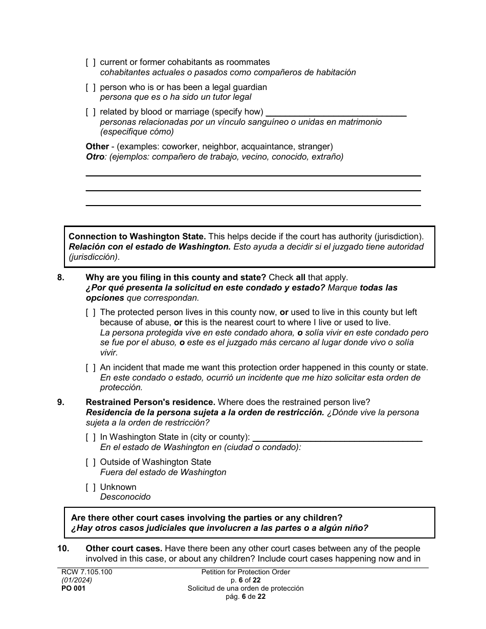 Form PO001 Petition for Protection Order - Washington (English / Spanish), Page 6