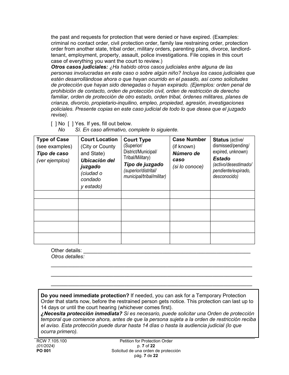 Form PO001 Petition for Protection Order - Washington (English / Spanish), Page 7
