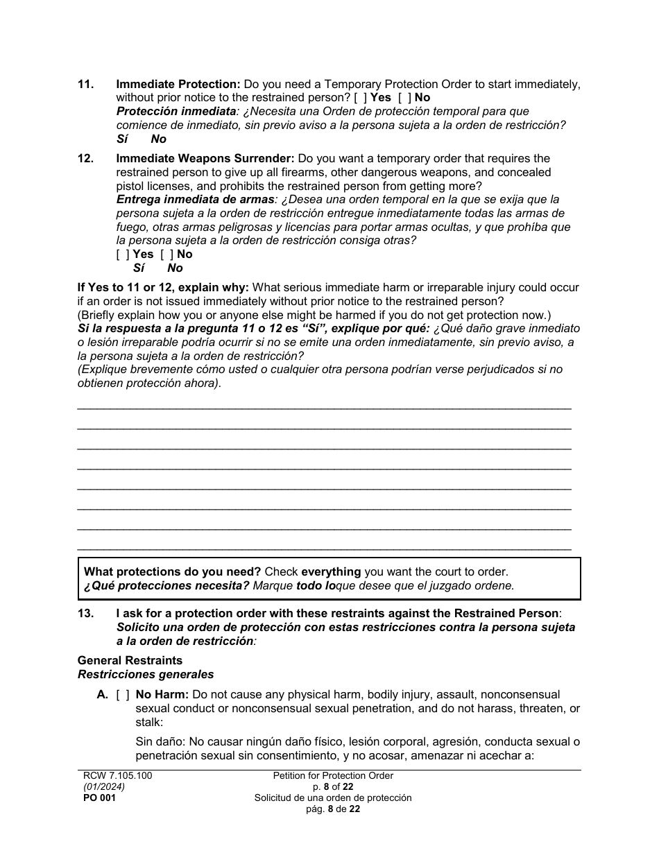 Form PO001 Petition for Protection Order - Washington (English / Spanish), Page 8