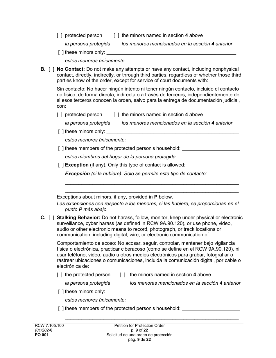 Form PO001 Petition for Protection Order - Washington (English / Spanish), Page 9