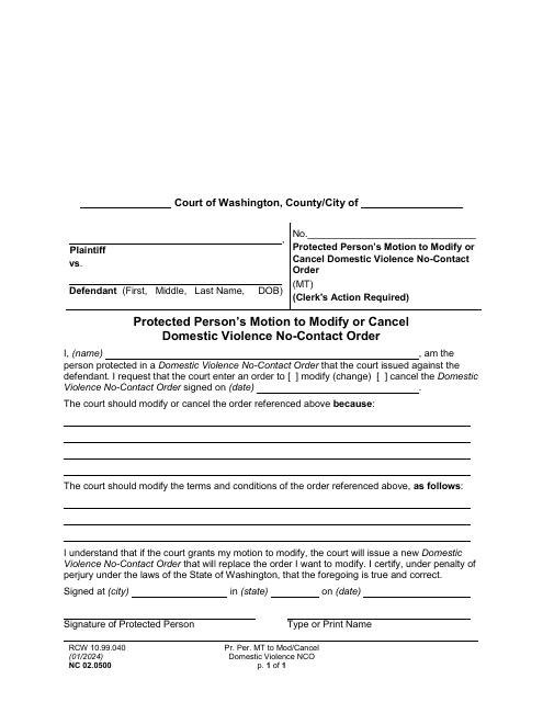 Form NC02.0500 Protected Person's Motion to Modify or Cancel Domestic Violence No-Contact Order - Washington