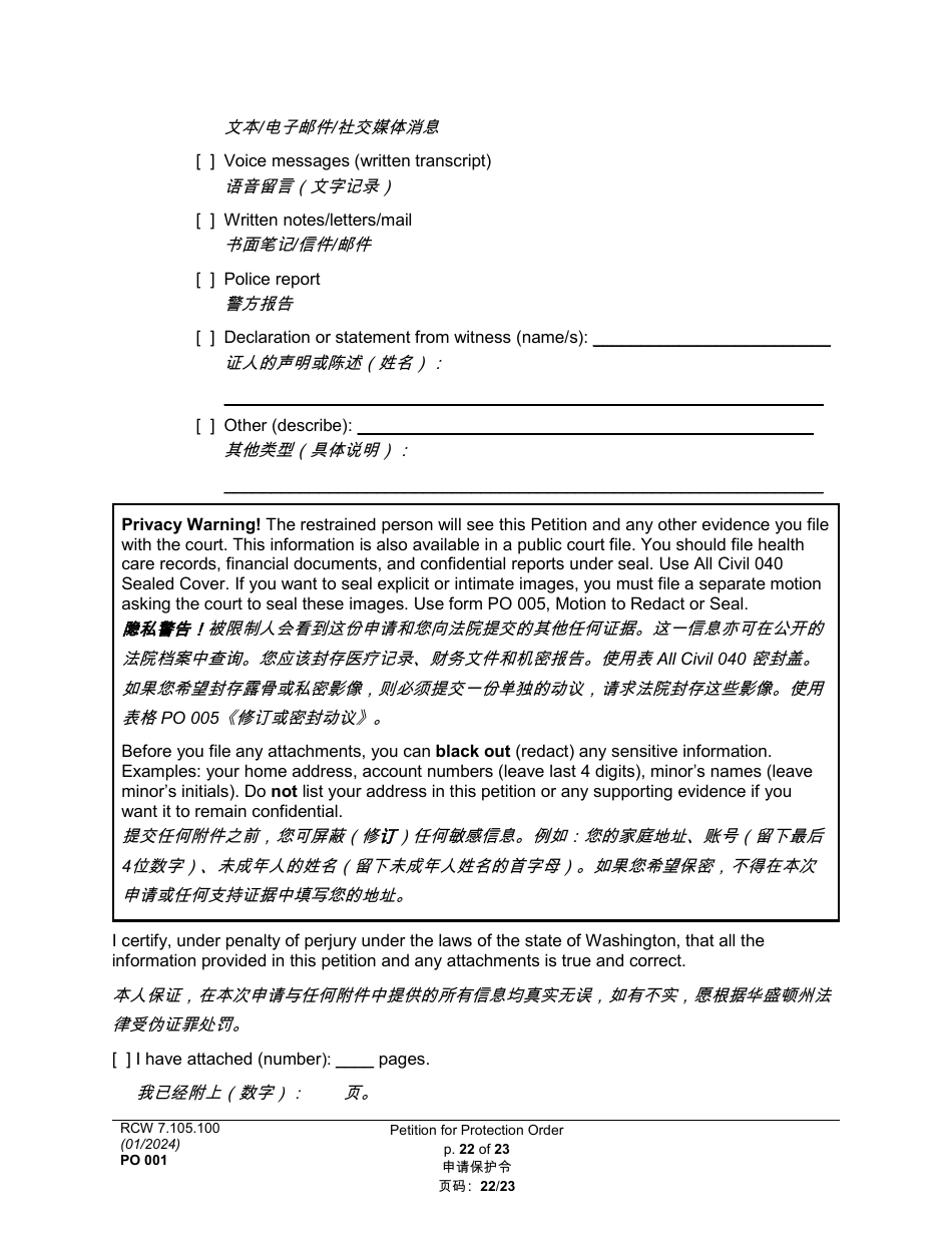 Form PO001 Petition for Protection Order - Washington (English / Chinese), Page 22