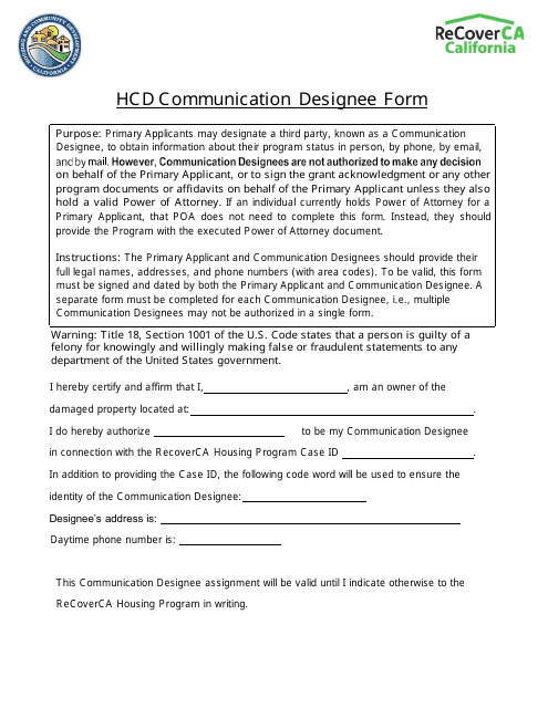 Hcd Communication Designee Form - California Download Pdf