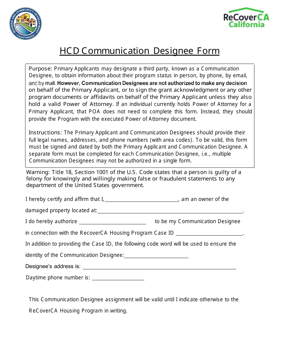 Hcd Communication Designee Form - California, Page 1