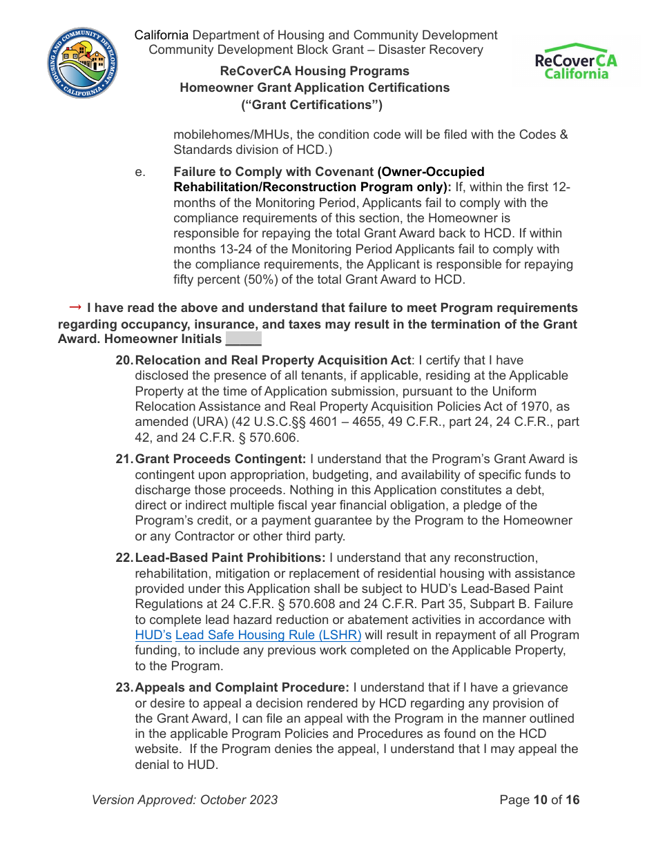 Homeowner Grant Application Certifications (grant Certifications) - Recoverca Housing Programs - California, Page 10