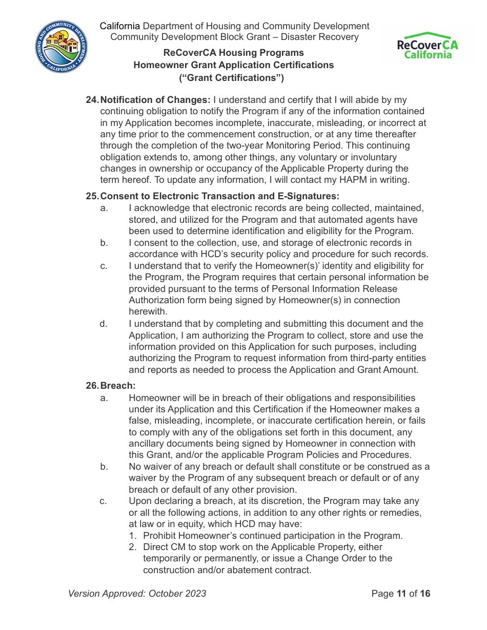 Homeowner Grant Application Certifications (grant Certifications) - Recoverca Housing Programs - California, Page 11