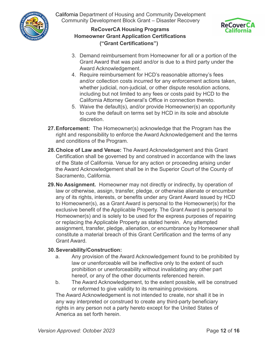 Homeowner Grant Application Certifications (grant Certifications) - Recoverca Housing Programs - California, Page 12