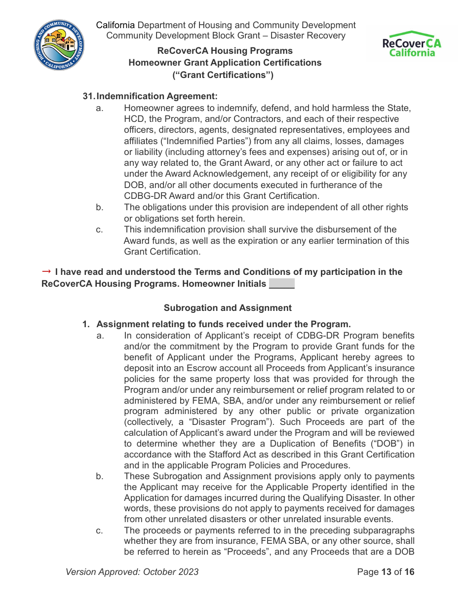 Homeowner Grant Application Certifications (grant Certifications) - Recoverca Housing Programs - California, Page 13