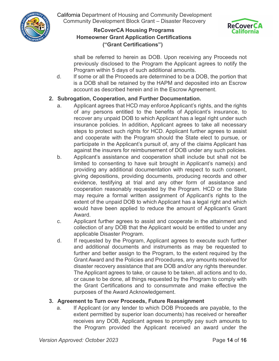 Homeowner Grant Application Certifications (grant Certifications) - Recoverca Housing Programs - California, Page 14