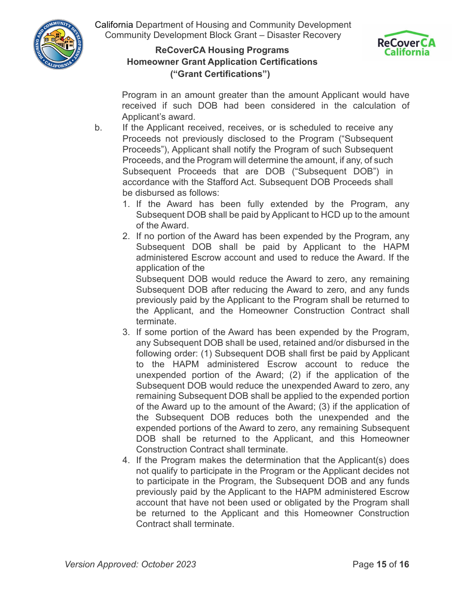Homeowner Grant Application Certifications (grant Certifications) - Recoverca Housing Programs - California, Page 15