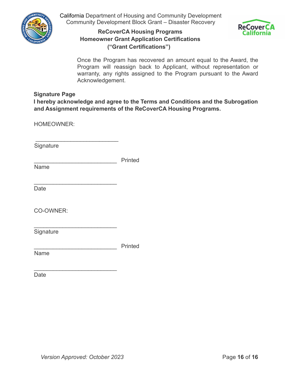 Homeowner Grant Application Certifications (grant Certifications) - Recoverca Housing Programs - California, Page 16