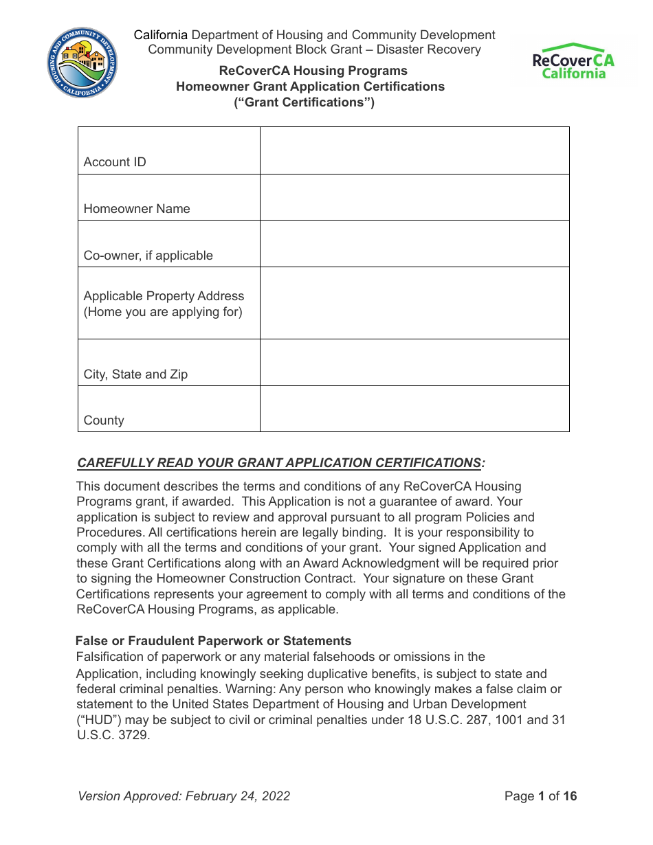 Homeowner Grant Application Certifications (grant Certifications) - Recoverca Housing Programs - California, Page 1
