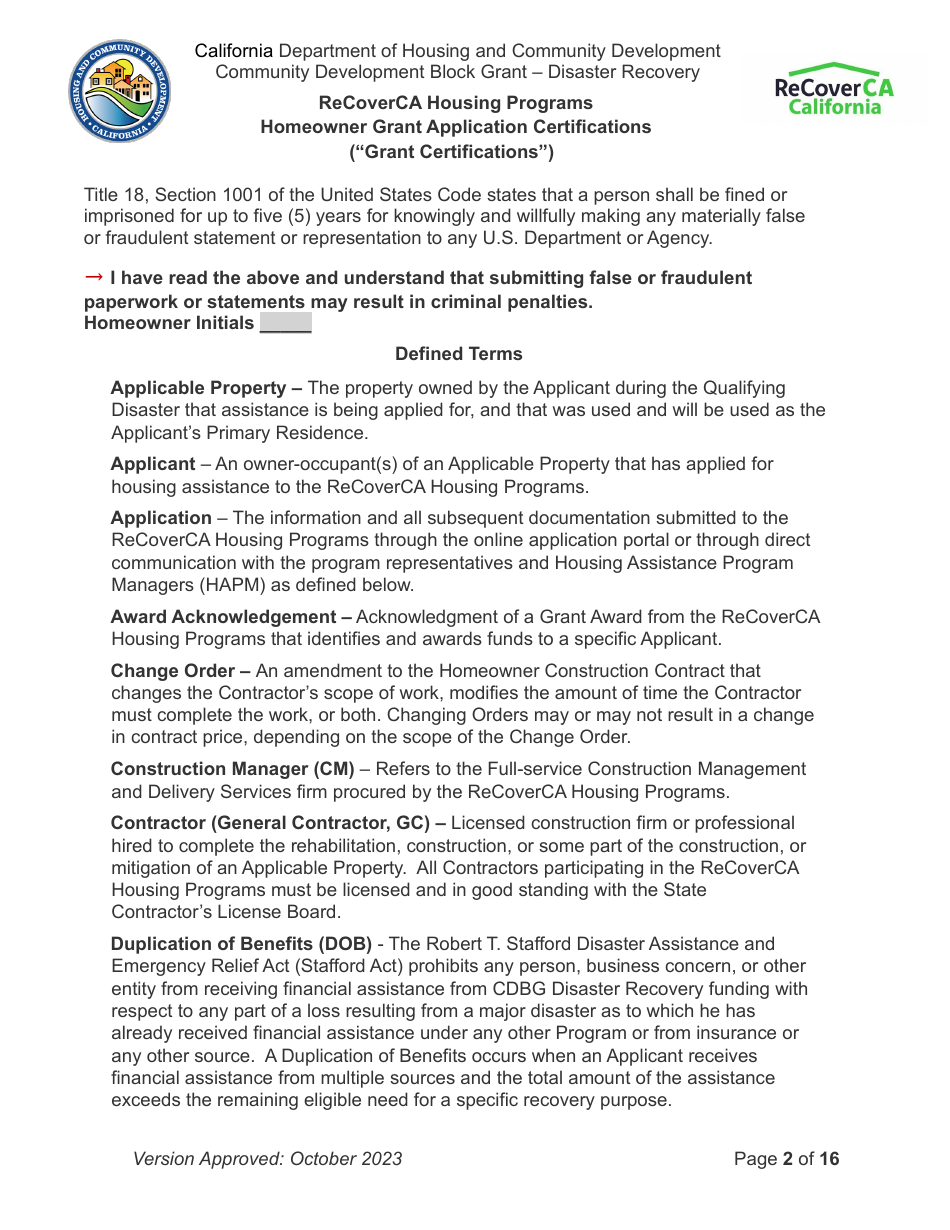 Homeowner Grant Application Certifications (grant Certifications) - Recoverca Housing Programs - California, Page 2