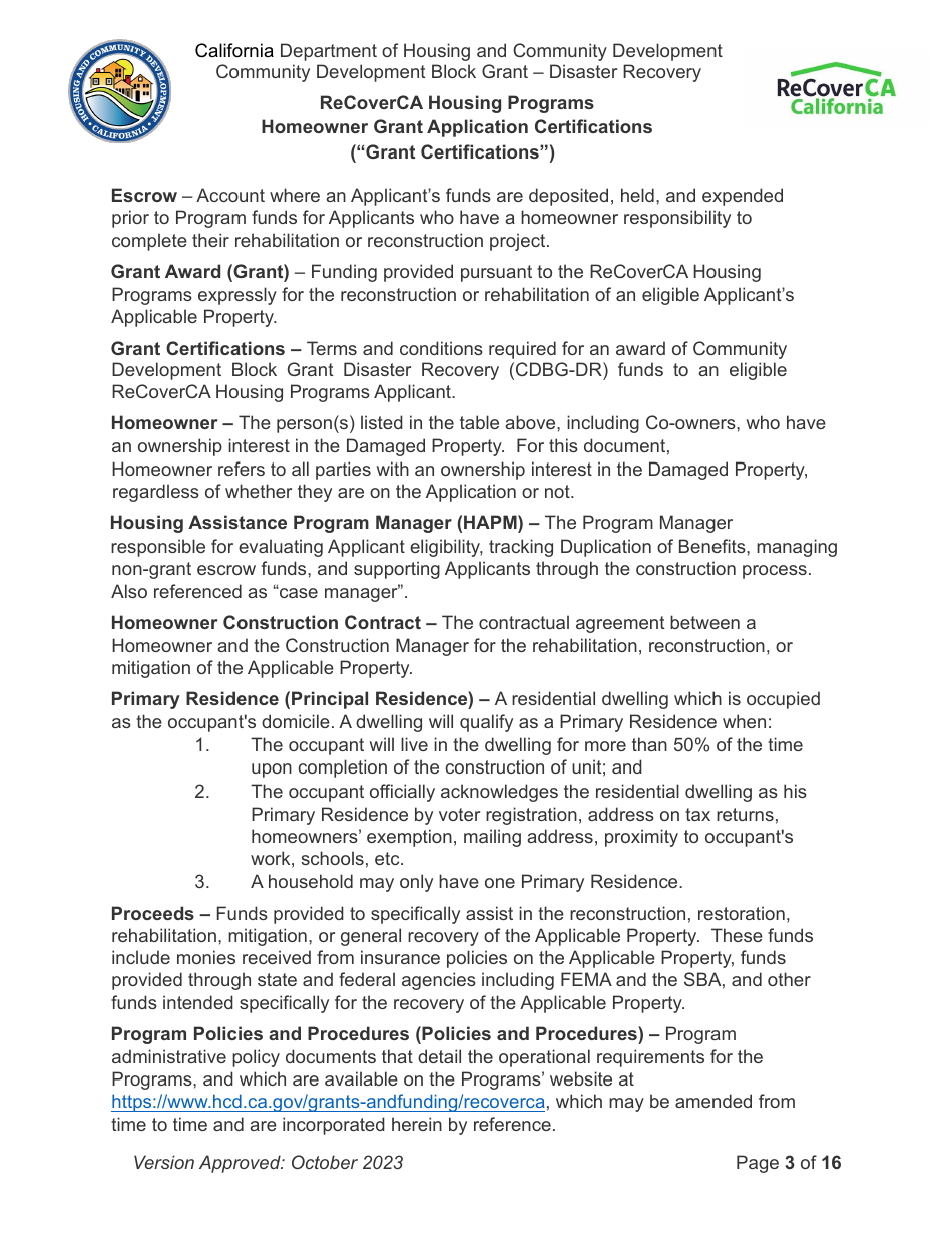Homeowner Grant Application Certifications (grant Certifications) - Recoverca Housing Programs - California, Page 3