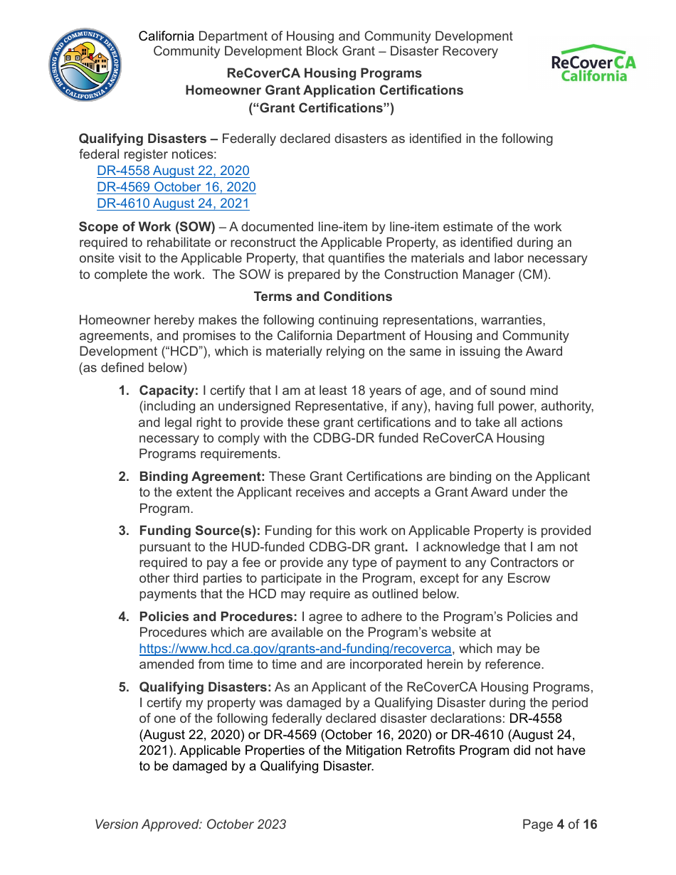 Homeowner Grant Application Certifications (grant Certifications) - Recoverca Housing Programs - California, Page 4
