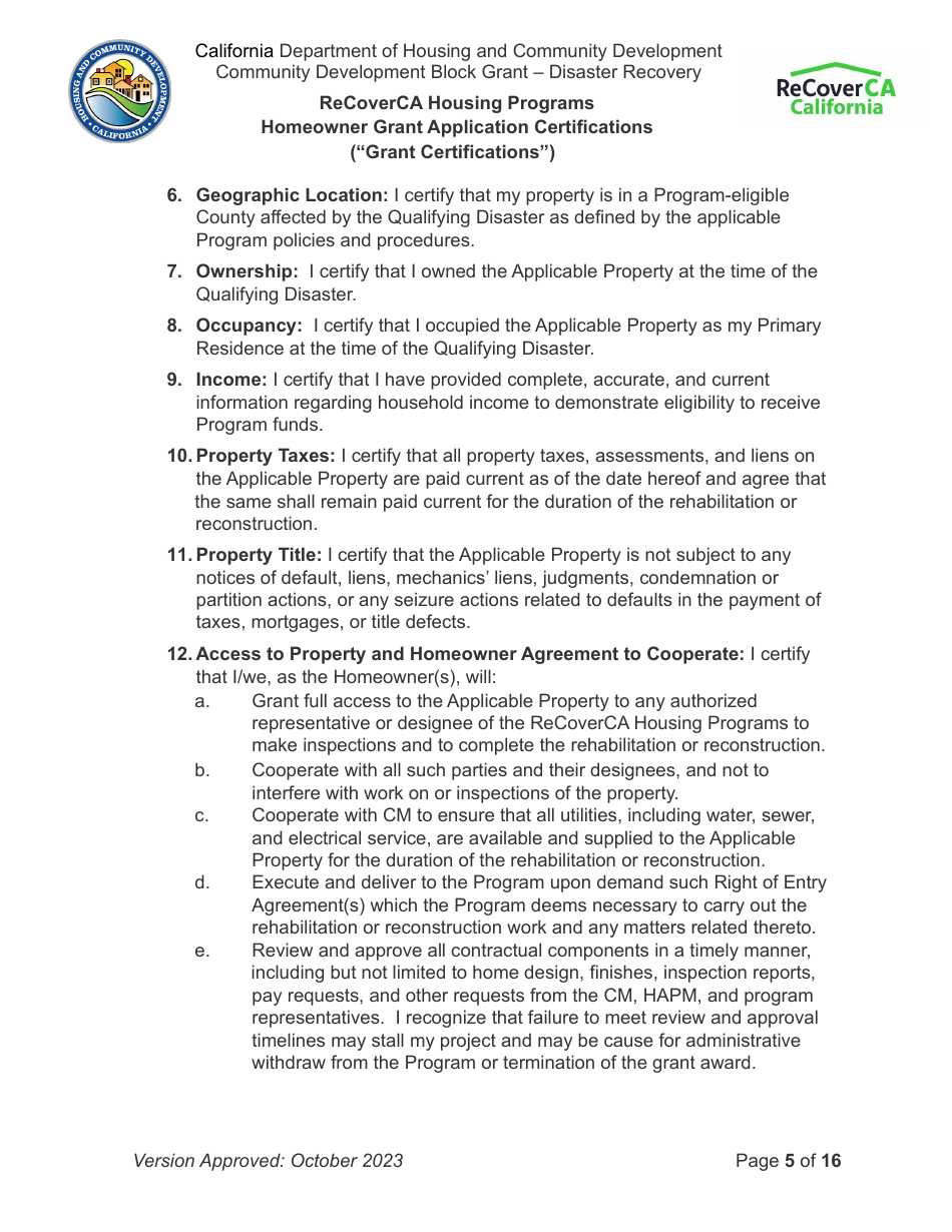 Homeowner Grant Application Certifications (grant Certifications) - Recoverca Housing Programs - California, Page 5