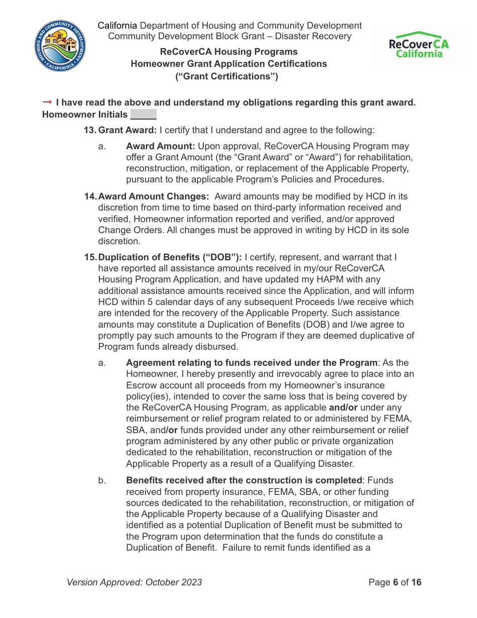 Homeowner Grant Application Certifications (grant Certifications) - Recoverca Housing Programs - California, Page 6
