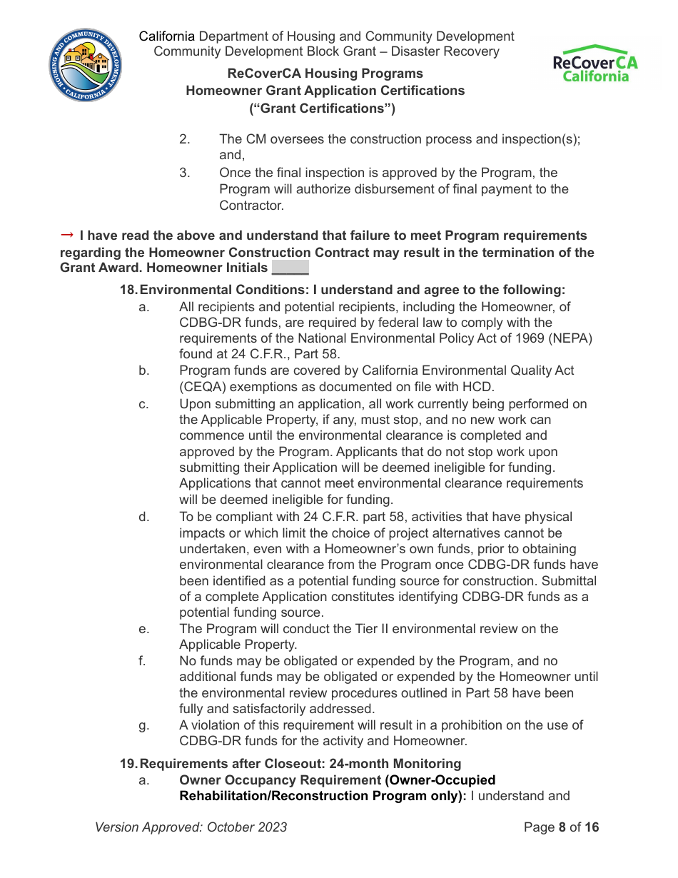 Homeowner Grant Application Certifications (grant Certifications) - Recoverca Housing Programs - California, Page 8