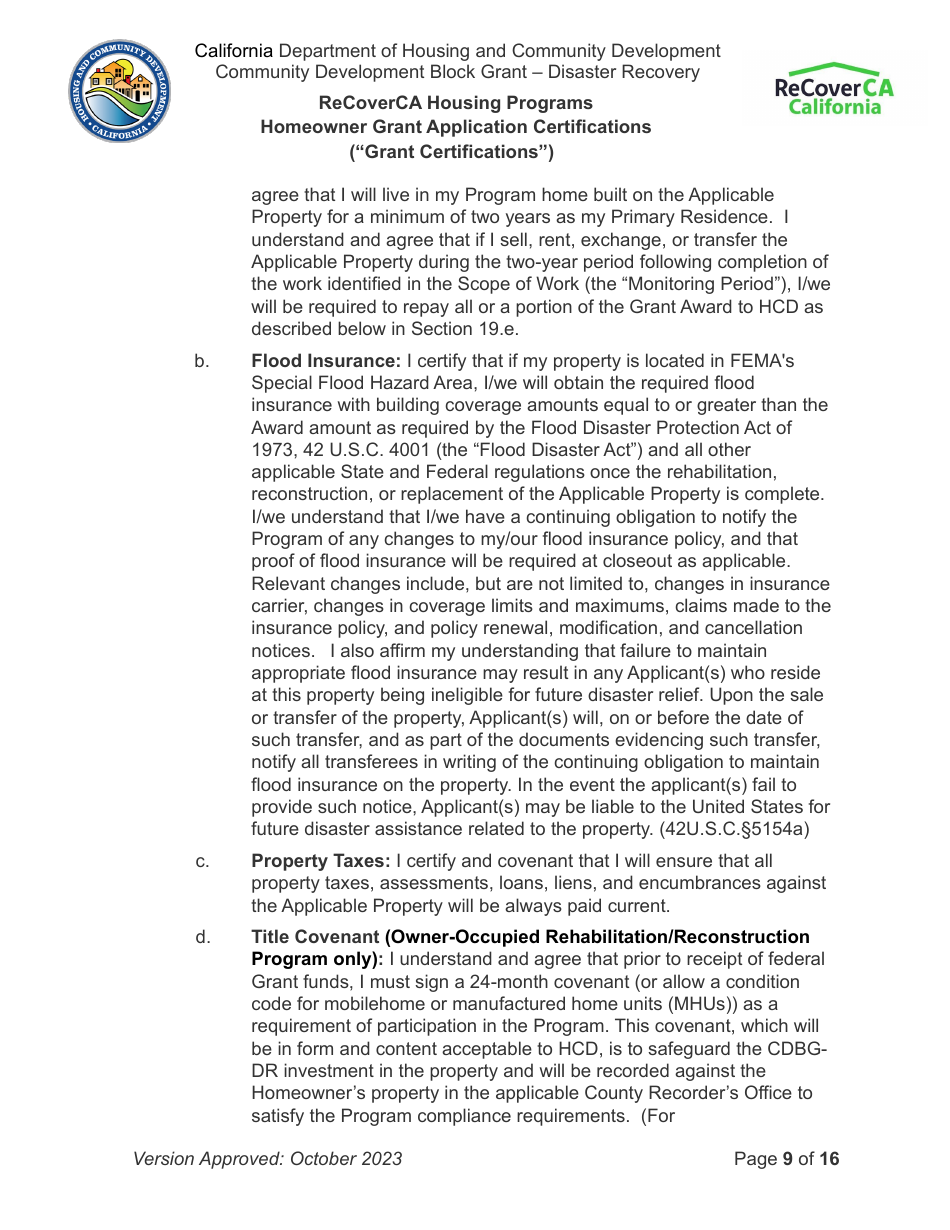 Homeowner Grant Application Certifications (grant Certifications) - Recoverca Housing Programs - California, Page 9