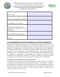 Document preview: Certificaciones De La Solicitud De Subvencion De Propietario De Vivienda Para Programas De Viviendas De Recoverca - California (Spanish)