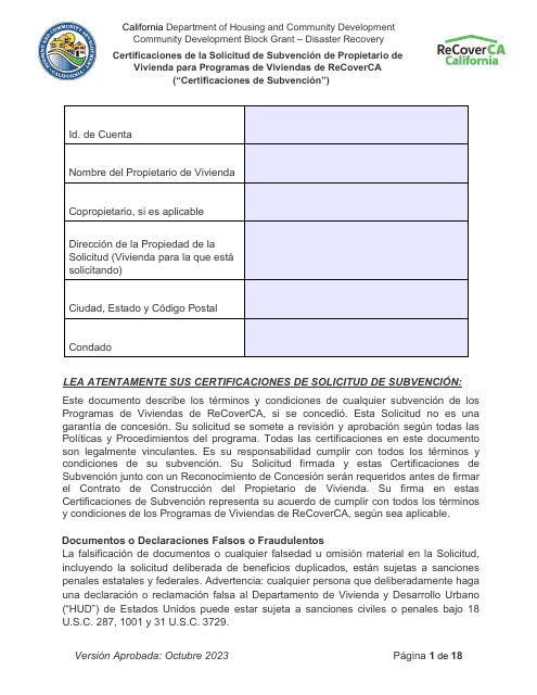 Certificaciones De La Solicitud De Subvencion De Propietario De Vivienda Para Programas De Viviendas De Recoverca - California (Spanish) Download Pdf