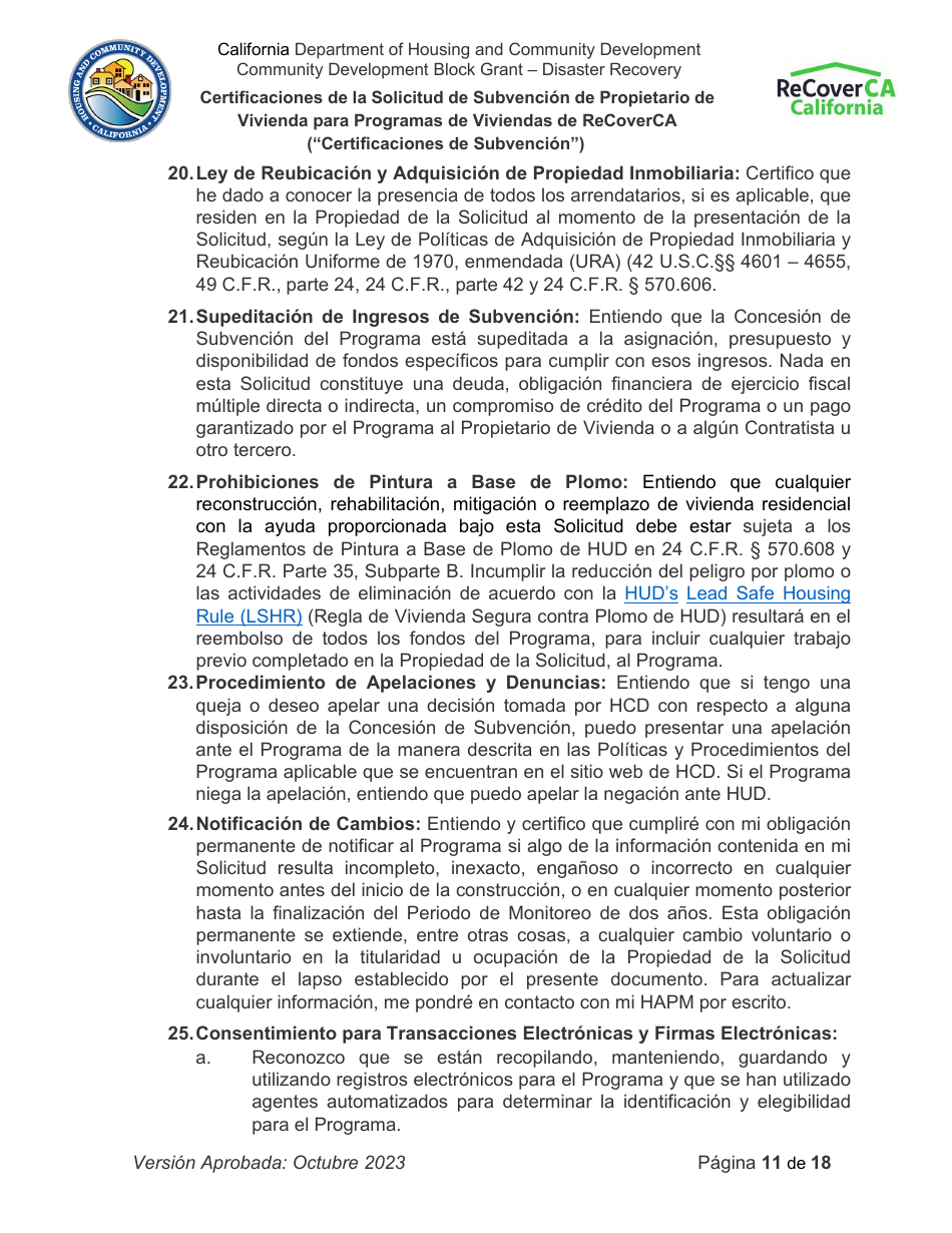 Certificaciones De La Solicitud De Subvencion De Propietario De Vivienda Para Programas De Viviendas De Recoverca - California (Spanish), Page 11