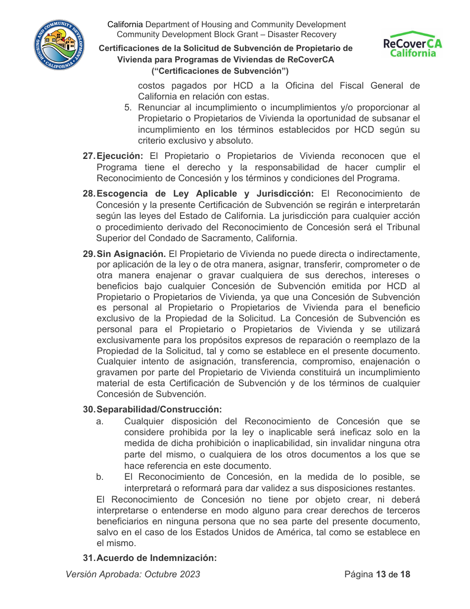 Certificaciones De La Solicitud De Subvencion De Propietario De Vivienda Para Programas De Viviendas De Recoverca - California (Spanish), Page 13