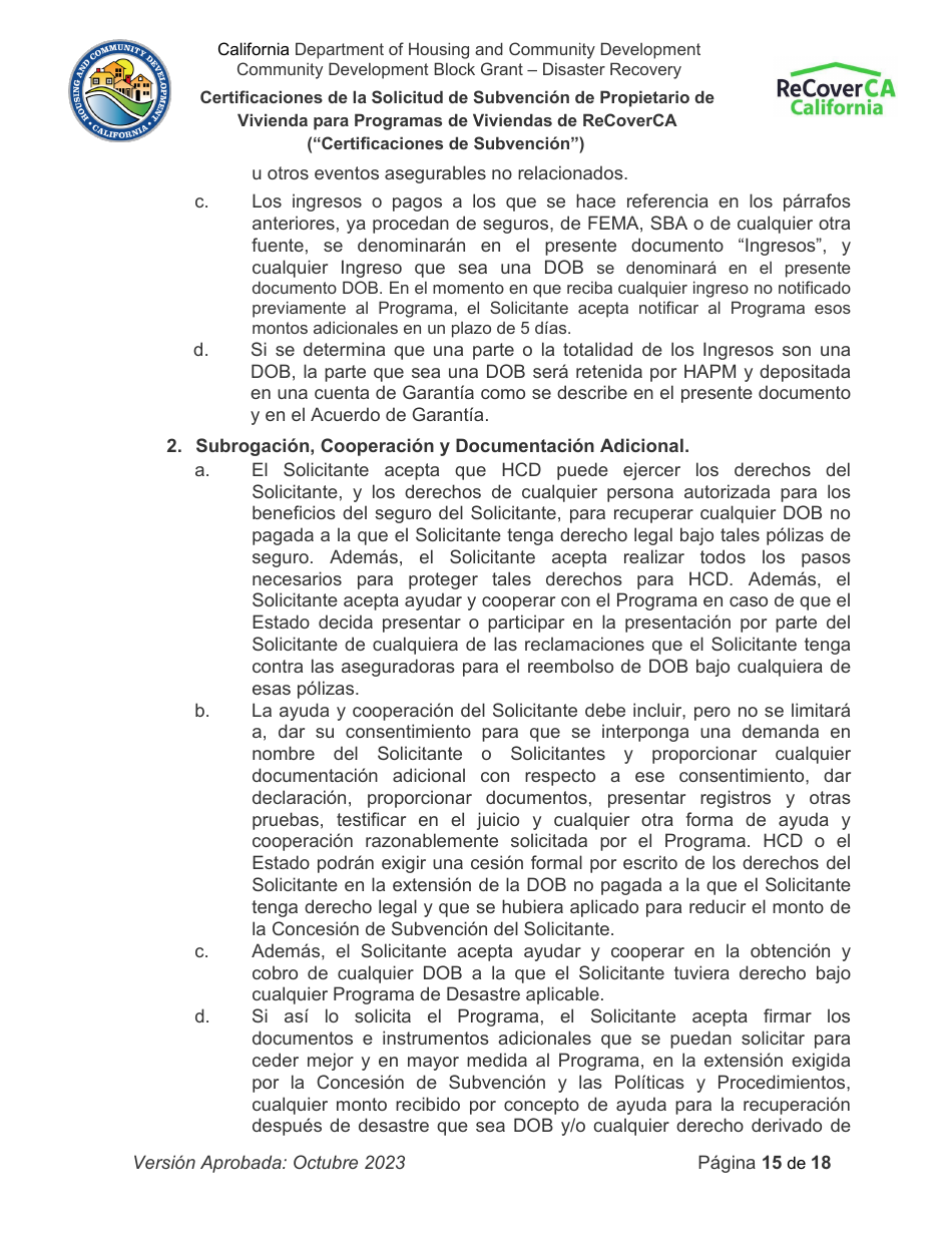 Certificaciones De La Solicitud De Subvencion De Propietario De Vivienda Para Programas De Viviendas De Recoverca - California (Spanish), Page 15