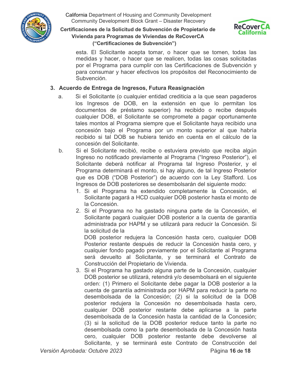 Certificaciones De La Solicitud De Subvencion De Propietario De Vivienda Para Programas De Viviendas De Recoverca - California (Spanish), Page 16