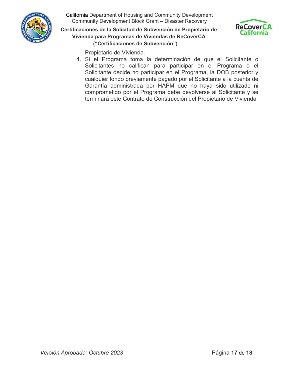 Certificaciones De La Solicitud De Subvencion De Propietario De Vivienda Para Programas De Viviendas De Recoverca - California (Spanish), Page 17