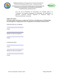 Certificaciones De La Solicitud De Subvencion De Propietario De Vivienda Para Programas De Viviendas De Recoverca - California (Spanish), Page 18